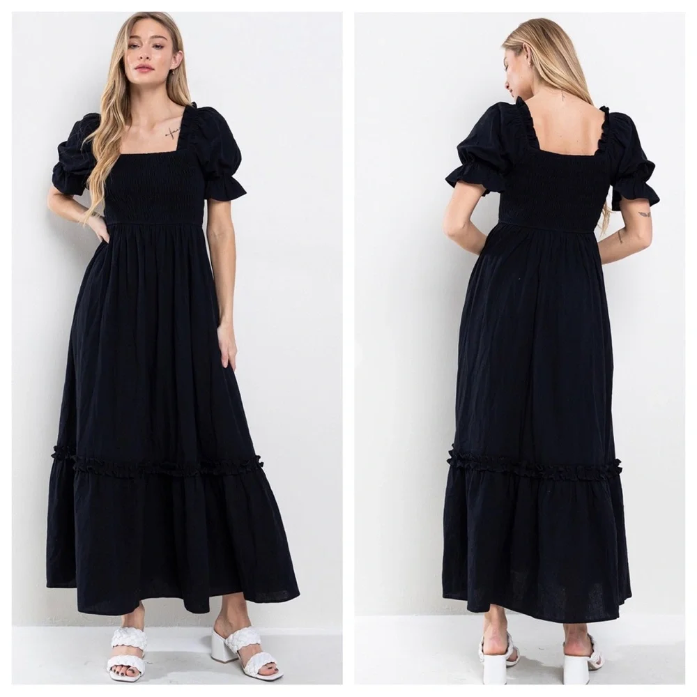 Boho Beautiful Linen Solid Smoking Detail Long Dress - Picture 1 of 5